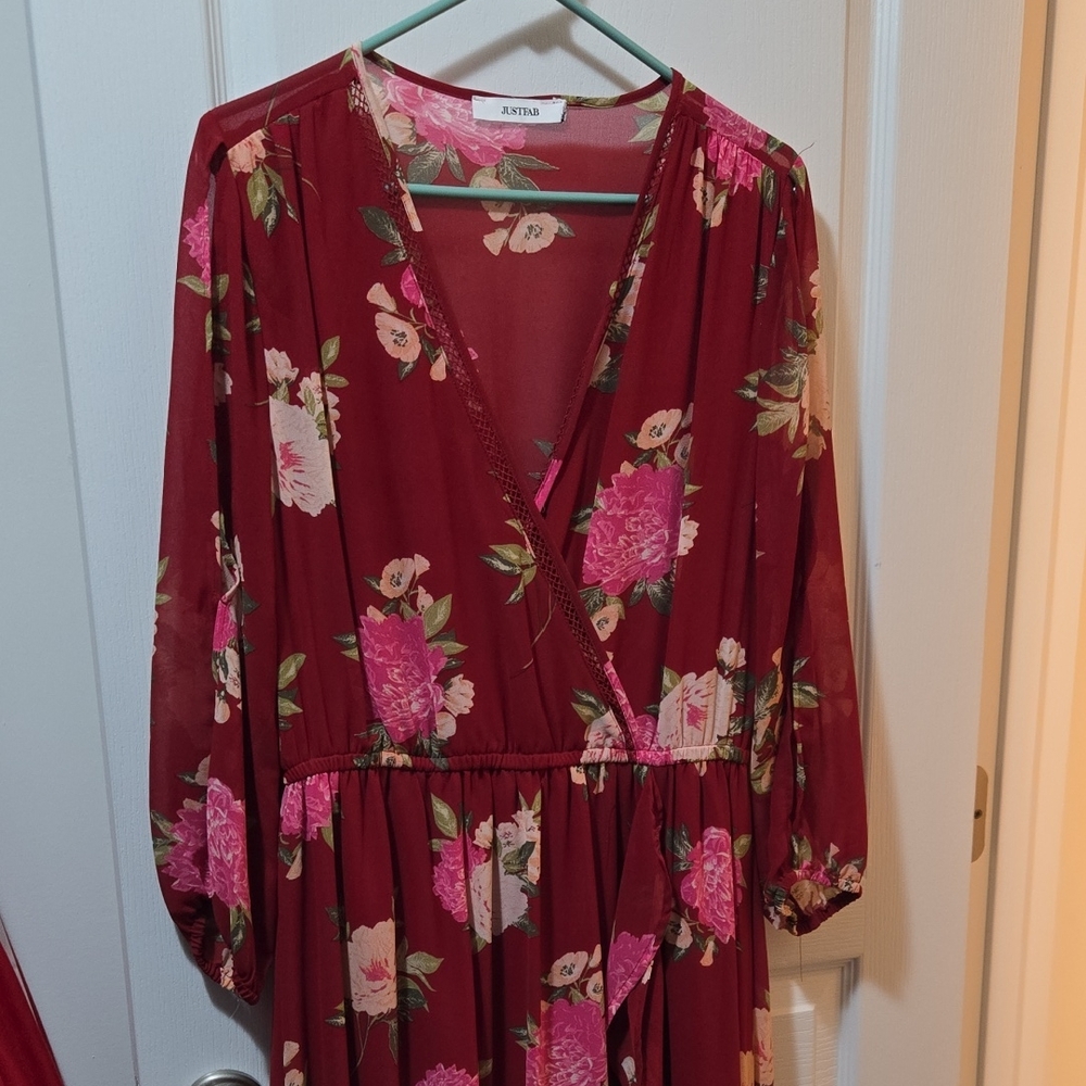 JustFab Burgundy Floral Long Sleeve Dress